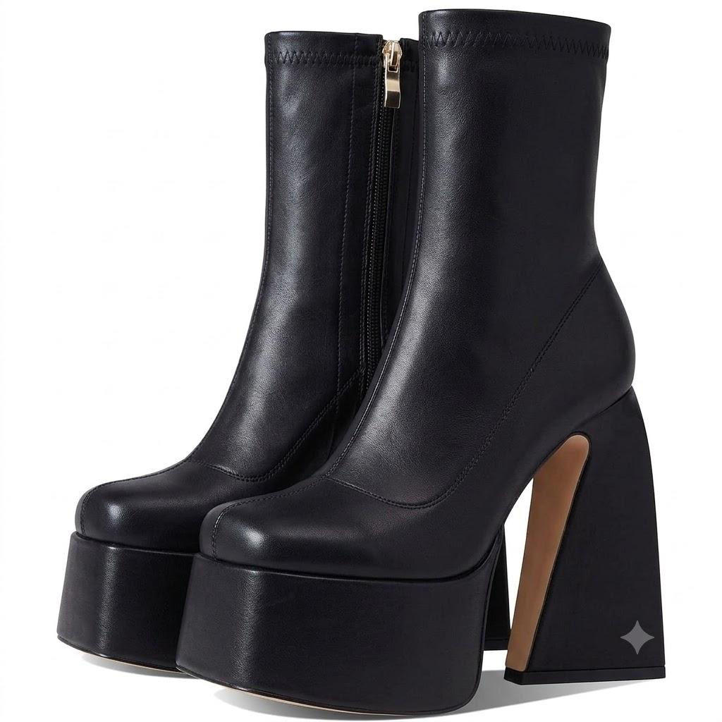 Uacllcau Platform Boots for Women Mid Calf Boots Square Toe Chunky High Heel Boots Side Zipper Ankle Booties 7.5