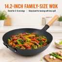 WANGYUANJI 14.2 Inch Round Bottom Carbon Steel Wok, Nitrided Iron Chinese Stir Fry Pan for Gas Wok Burner, Wok Ring Needed for Flat Gas Grates, Wooden Handle