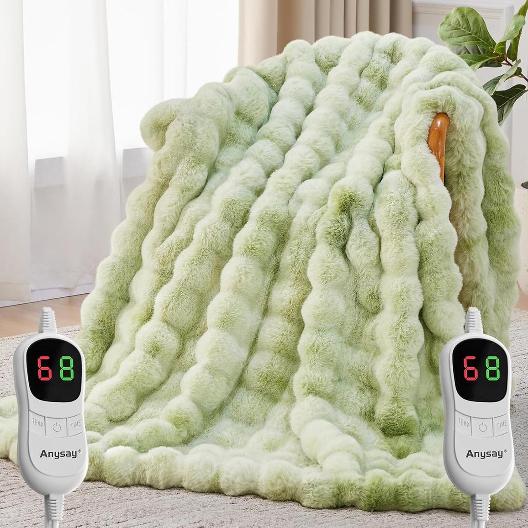 Heated Blanket Throw with 1/2/4/6/8 Hours Auto-Off 10 Heat Level, 90'' * 100'' Cozy Faux Rabbit Fur Bubble Electric Blanket with Overheat Protection(Tie-Dye Green)