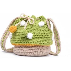 Handmade Knitted Purse Wool Knitted Mushroom Shoulder Bag for Women Crossbody Bucket Bag with Drawstring Green
