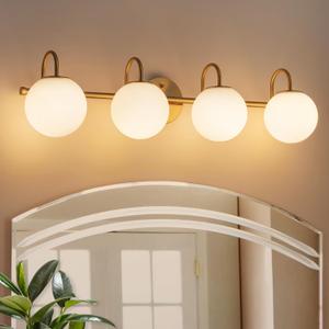 Brass Vanity Light, 31-Inch Modern 4-Light Gold Bathroom Light Fixtures with Frosted Globe Shade Mid Century Milk Glass Wall Sconce