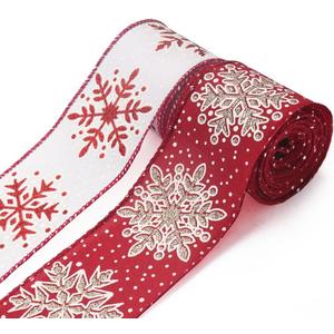 2 Rolls Christmas Ribbons for Crafting, Xmas Wired Edge Ribbon Red White Burlap Ribbon Bow Winter Holiday Snowflake Wired Ribbons for Gift Wrapping Christmas Sewing DIY Crafts Supplies Style 2: 2R Snowflake