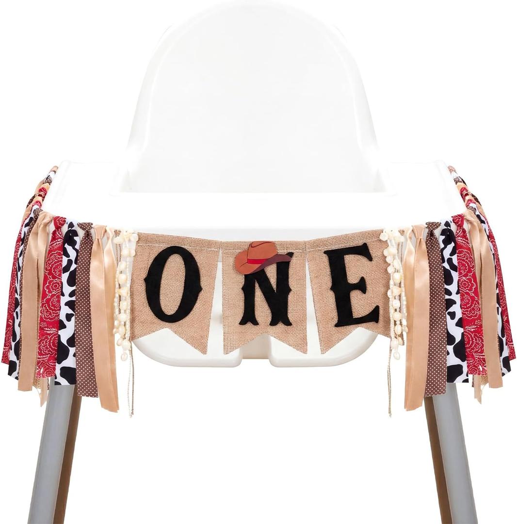 VitalCozy Western Cow One High Chair Banner My First Rodeo Themed Party Decoration Highchair Banner Garland Farm with Ribbon Fabric for Farm Decor Photo Prop Cowboy Party Supplies