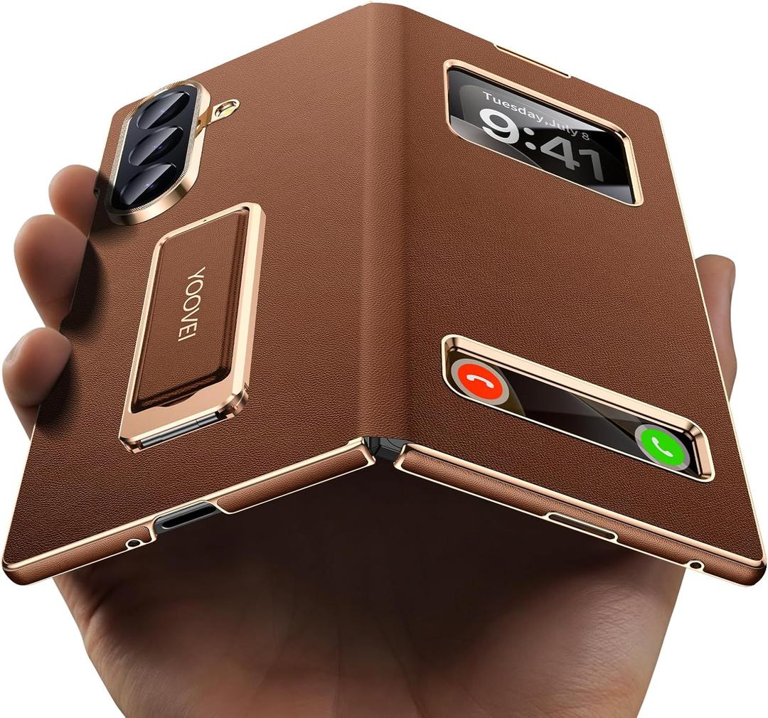 Magnetic for Samsung Galaxy Z Fold 7 Case Leather with Hand Strap Kickstand See Calls & Time Without Opening [Fit for MagSafe] Phone Cover Zfold 7 Case with Smart Screen View Window Brown
