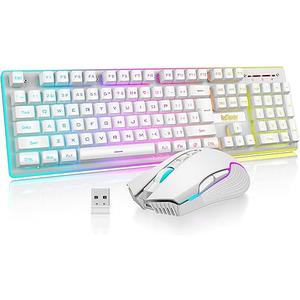 RedThunder K10 Wireless Gaming Keyboard and Mouse Combo, LED Backlit Rechargeable 3800mAh Battery, Mechanical Feel Antighosting Keyboard + 7D 3200DPI Mice for PC Gamer (White)