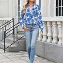 Kistore Long Sleeve Shirts for Women Pleated Cuffs Dressy Business Casual Blouses 2025 Trendy Puff V Neck Tunic Tops (Blue, S)