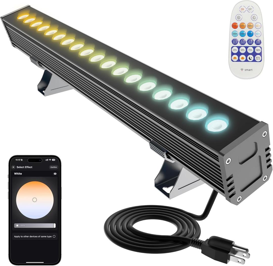 Smart LED Light Bar 20"  WiFi App & Remote Controlled RGB Wall Washer, 2700K-6500K Tunable White, 100% Dimmable IP65 Waterproof Outdoor Light Fixture, Voice Control, for Patio Garden Stage