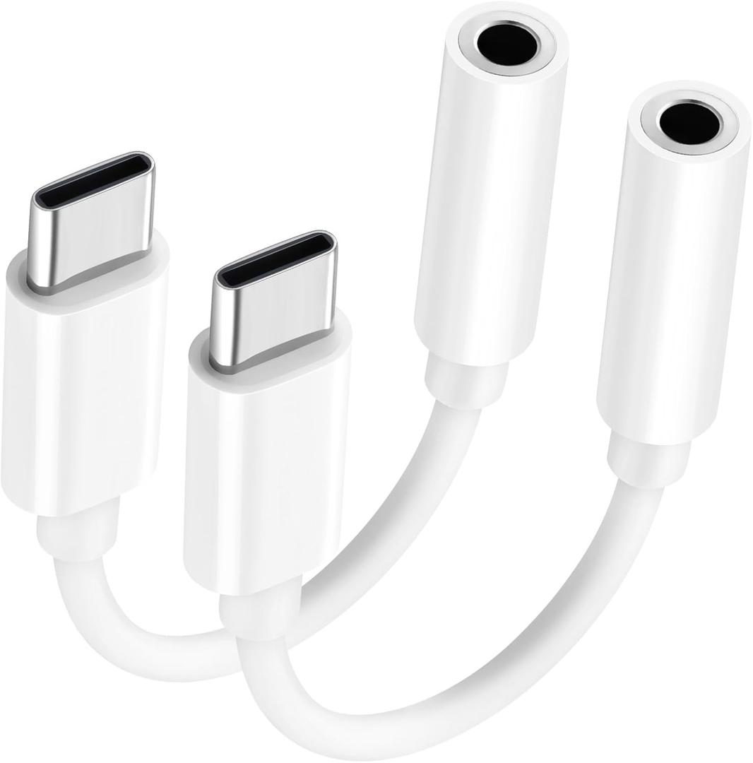 USB C to 3.5mm Audio Adapter - Headphone Jack Adapter for iPhone 16/16 Pro/15/15 Pro/Pro Max/Plus, Type C Aux Dongle Cable Cord Compatible with iPad, MacBook, Samsung Galaxy S24/S23/S22/S21Ultra (White) Pack of 2