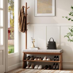 Coat Rack with Shoe Storage,Shoe Rack whit 8 Hook for Offices、Bedroom、Living Room,Small Shoe Bench,Walnut