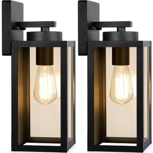 Outdoor Wall Light Fixtures, Exterior Waterproof Wall Lanterns, Porch Sconces Lighting with E26 Sockets & Glass Shades, Modern Matte Black Outside Lights for Patio Front Door Entryway Garage, 2-Pack, 12.8inch