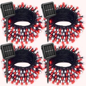 4 Pack Red and White Solar Christmas Lights Outdoor Waterproof, 132FT 400LED Solar String Lights Green Wire Fairy Lights, Solar Twinkle Lights with 8 Lighting Modes for Xmas Garden Decorations