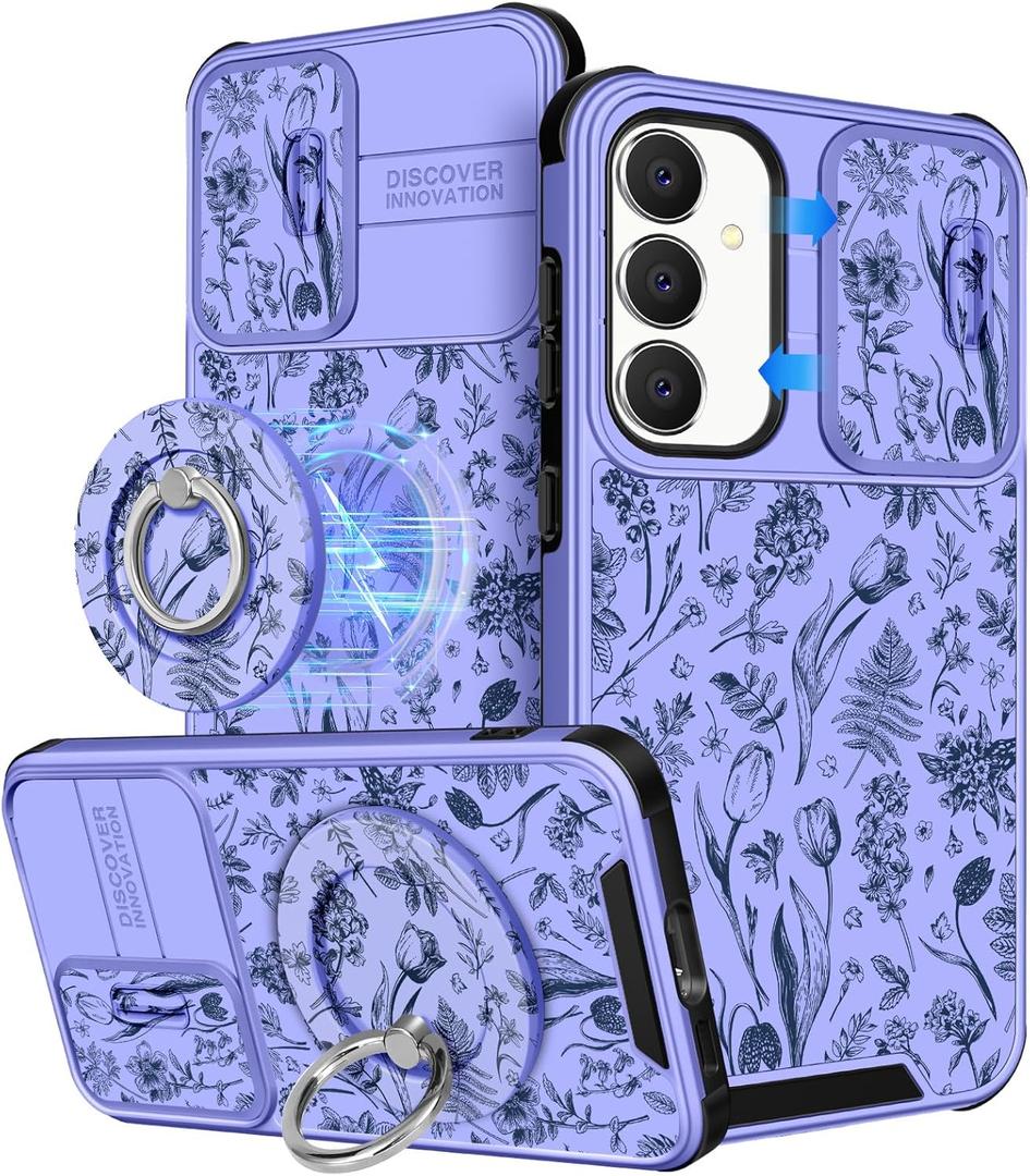 Buleens for Samsung Galaxy S23 FE Case 6.4 Inch - with Ring Stand & Camera Cover Cute Designed Women Girl Girly Pretty Teens Kawaii Flowers for Samsung S23 FE Case Compatible with Magsafe