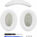 Ear Cushion and Headband for Bose QC45 QC35, Replacement Headstrap Pad Repair Part with Protein Leather& Memory Foam (White)