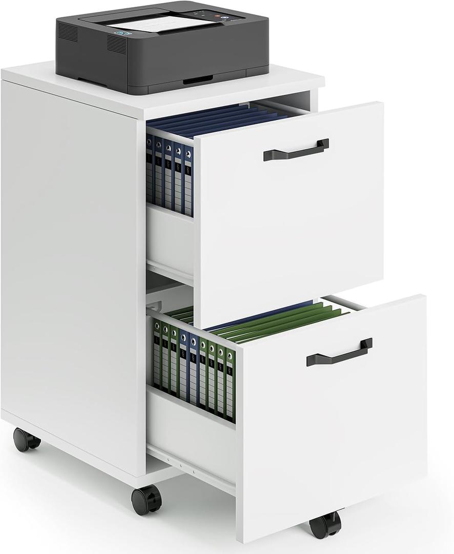 Sweetcrispy 2 Drawer Filing Cabinet White, Rolling Wood File Cabinets with Printer Stand Under Desk Storage Lockable Wheels, Home Office Organizer