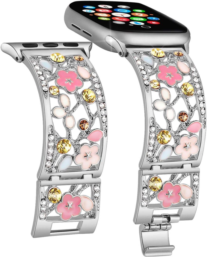 Floral Bracelet Compatible with Apple Watch Band 38mm 40mm 41mm 42mm iWatch Bands Series 10 9 8 7 6 SE,Bling Crystal Hollow Metal Strap,Cute Women Dressy Jewelry Wristband (38/40/41/42mm,Silver)