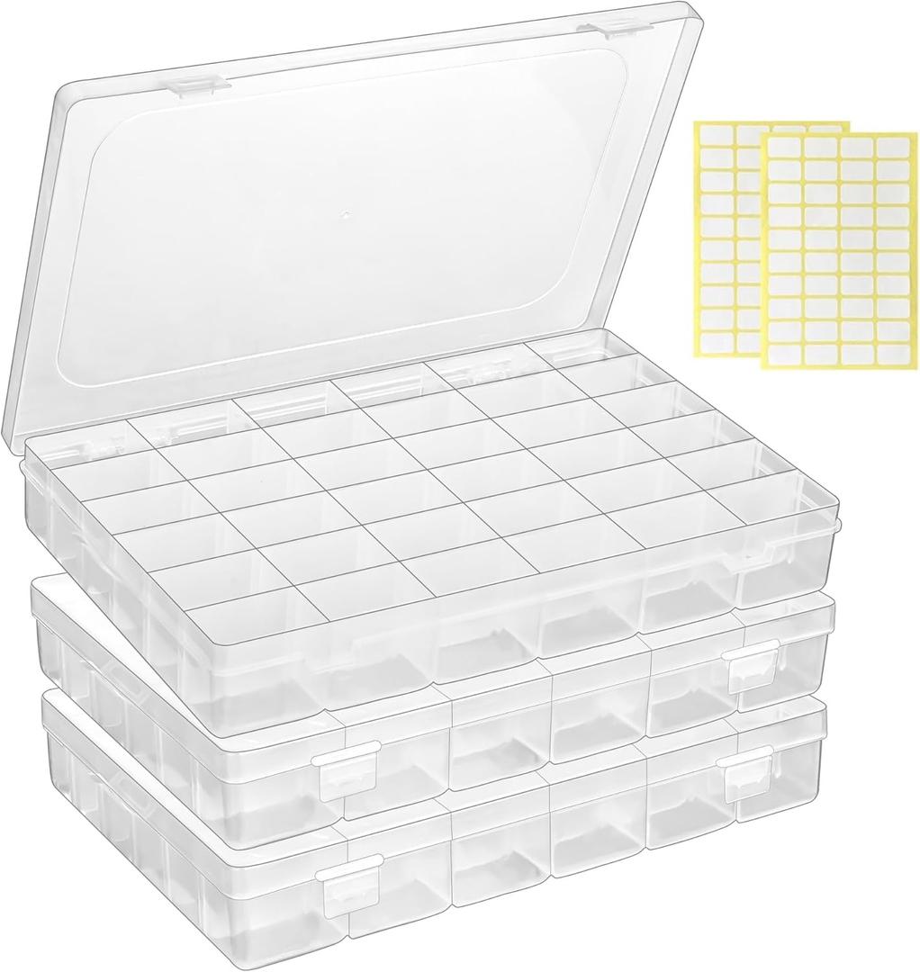 3 Pcs 36 Large Grids Clear Plastic Organizer Box with Adjustable Dividers Craft Organizers Box for Bead,Jewelry,DIY Crafts,Art,Small Items Storage (Clear-3pack-108 Grids)
