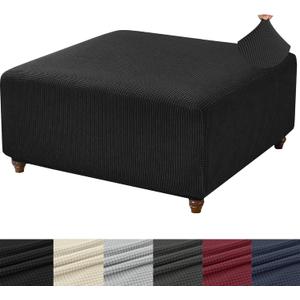 ANWUCHEN Ottoman Cover Square-Stretch Knitted Jacquard Square Ottoman Cover -Soft Square Ottoman Covers Slipcover -Thick Storage Ottoman Cover Foot Stool Cover with Elastic Bottom Large Black