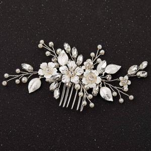 SWEETV Silver Bridal Hair Comb for Wedding Hair Accessories, Handmade with Crystals, Pearls, and Leaves, 4.72 x 2.75 inches, for Brides, Women