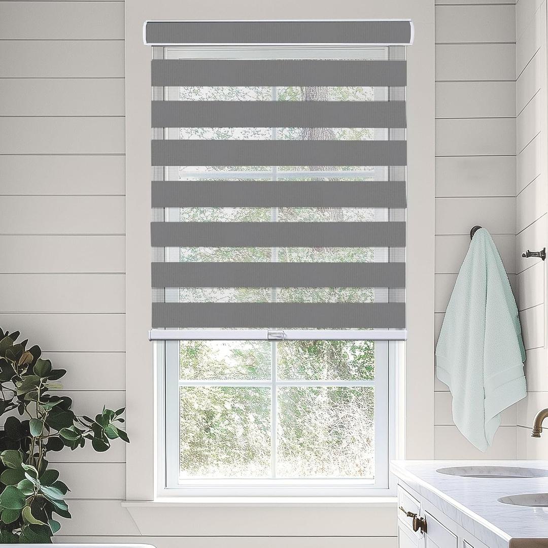 CHICOLOGY Zebra Blinds Cordless Window Shades, Dual Layer Light Filtering Roller Shades for Windows, Sheer Privacy Striped Fabric, Easy Install, 28"W x 72"H, Basic Slate