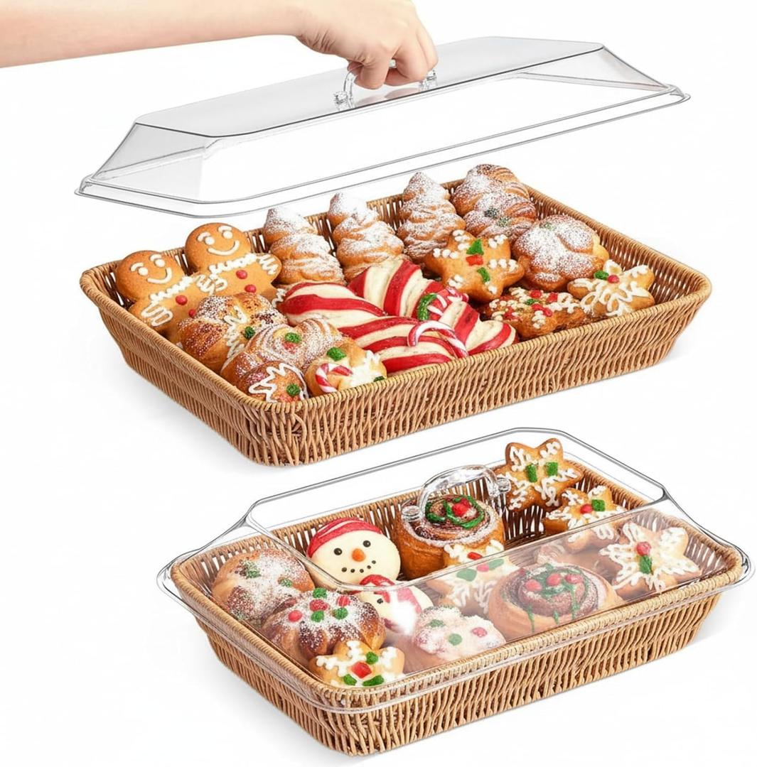 2 Set Christmas Wicker Bread Basket for Serving with Acrylic Lid Imitation Rattan Bread Basket Woven Rectangular with Cover for Fruit Food Display Party Kitchen(15.75" X 11.81", 13.78" X 9.84")
