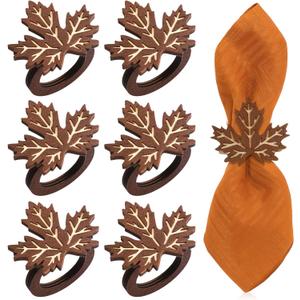 Roshtia 6 Pcs Fall Napkin Rings Wooden Thanksgiving Pumpkin Napkin Rings Handmade Brown Walnut Dinner Paper Holders for Thanksgiving Fall Halloween Party Banquet Dinner Table Decoration(Maple Leaf)