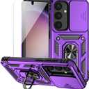 for Samsung Galaxy S24 Case with Camera Lens Cover HD Screen Protector, Dual Layer Military-Grade Drop Tested Magnetic Ring Holder Kickstand Protective Phone Case for Samsung Galaxy S24 (Purple)