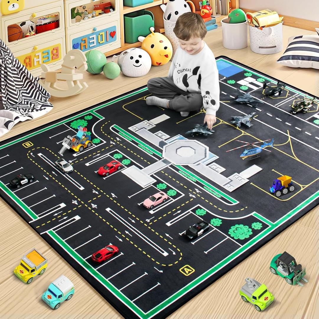 Kids Rug, Airport Rug & Play Mat, 4x6 Ft Road Carpet for Kids with Combined City Traffic & Airport Runway, Non-Slip Playmat for Playroom, Classroom, and Bedroom (Carparking)