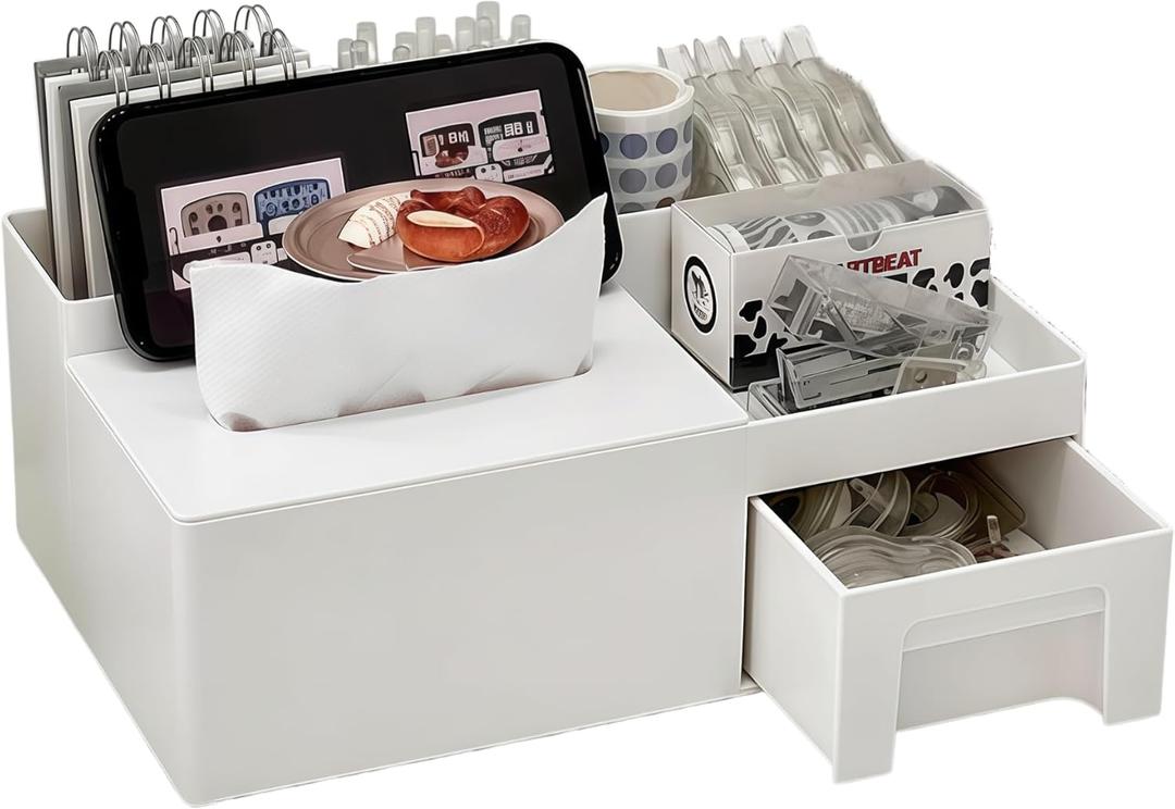 Aesthetic Desktop Organizer with 6 Compartments - Multi-functional Desk Storage Box & Tissue Holder, Minimalist White Office Supplies Caddy with Phone Stand & Drawer for Home, Dorm Room, & Vanity.