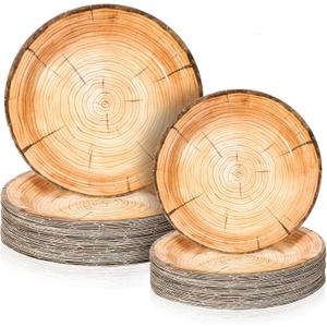 Tioncy 50 Pieces Wood Grain Paper Plates 7" 9" Rustic Wood Slice Plate Farmhouse Round Disposable Dinner Dish for Woodland Baby Shower Lumberjack Birthday Party Supplies