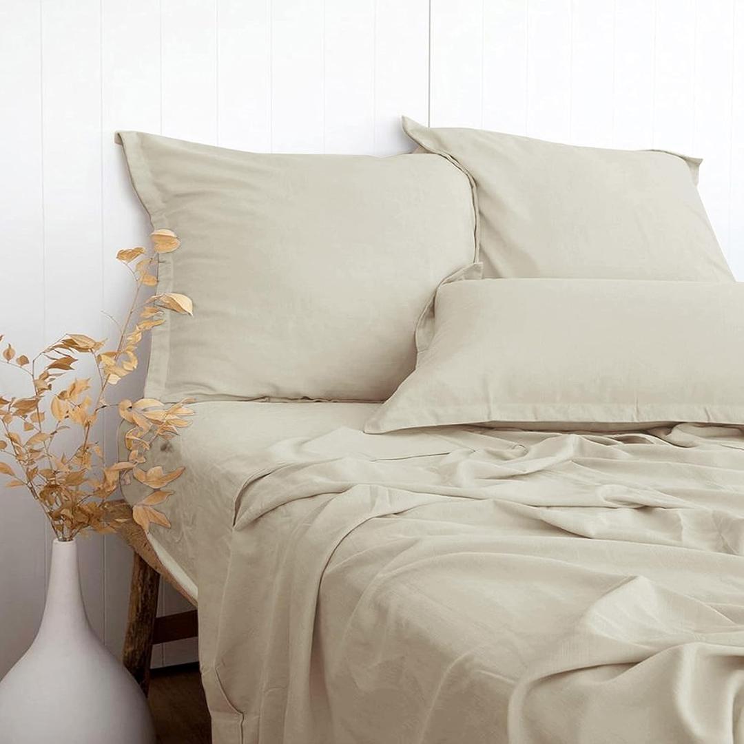 PANDATEX Beige Linen-Textured Bed Sheets Set, Bamboo Rayon, Cotton, Linen Blend Bed Sheets Twin Size, Soft Cool & Breathable for Hot Sleepers,Durable Natural Organic Bed 15'' Deep Pocket - 3 Piece