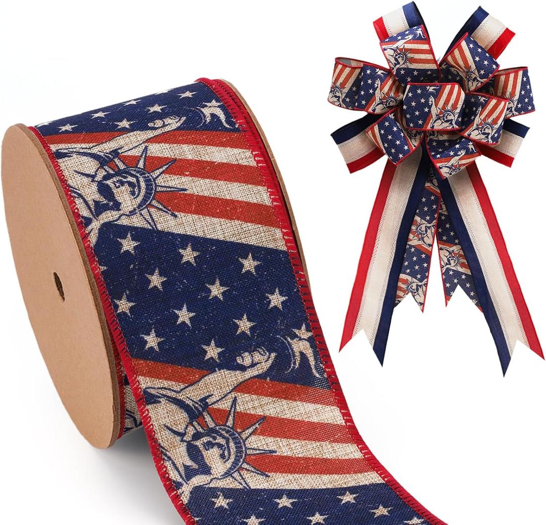 LaRibbons Patriotic Ribbon Wired, 4th of July Statue of Liberty Ribbon 2.5 Inch x 12 Yards for Independence Memorial Day Gift Wrapping DIY Crafts