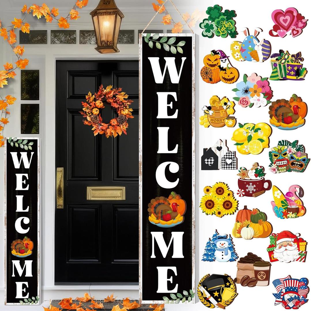 Welcome Sign for Front Porch Standing 47 x 9. 8 Inch Interchangeable Wooden Sign with 20 Interchangeable Designed Icons Farmhouse Seasonal Leaner Rustic Porch Door Outdoor Holiday Decor