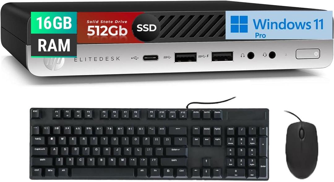 HP EliteDesk 800 G5 Mini Desktop Computer, Core i5-9500T 3.70 GHz, 16GB DDR4 RAM, 512GB SSD, Mouse & Keyboard, WiFi, Windows 11 Pro, Black 