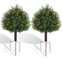Suntee Artificial Cedar Topiary Trees with Ground Spike, 2 Pack Fake Bushes Topiary Trees Artificial Outdoor, UV Resistant Evergreen Outdoor Faux Plants for Garden Front Porch Decor (18.9in+7.1in)