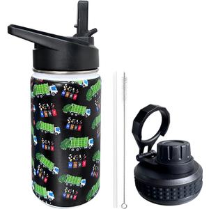Garbage Truck Trash Recycling Kids Water Bottle for School with Straw Lid,12oz Stainless Steel Insulated Water Bottle for Boys & Girls,Leak Proof Lid with Handle & Touch Free Spout (A03)
