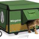 Heated Cat House for Outside, Waterproof Awning & Escape Door Heated Cat Houses for Indoor/Outdoor Cats in Winter, Elevated & Insulated Outdoor Cat Shelter for Feral Cat(Green, 16.5"x12.6"x13")