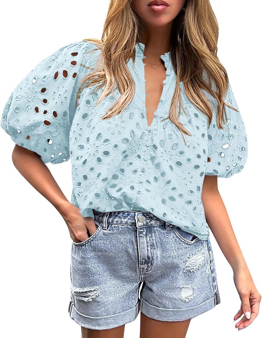 PRETTYGARDEN Women's Summer Tops 2025 Dressy Casual Short Sleeve V Neck Buttons Hollow Out Lace Embroidered Blouses Shirts (Light Blue, Medium)