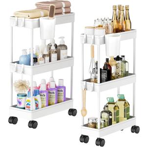 Slim Storage Cart, 2 Pack Narrow Bathroom Cart with Wheels for Small Space Storage Small Rolling Cart with Plastic Basket&Metal Tubes for Bathroom, Laundry Room, Kitchen Narrow Bathroom Storage, White