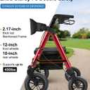Rollator Walker with Seat,12" Front Wheels 10" Rear Rolling Walker, Extra-Wide Heavy-Duty Rollator Walker with Seat and Brakes for Seniors and Adults Bariatric with Large Aluminum (Red)