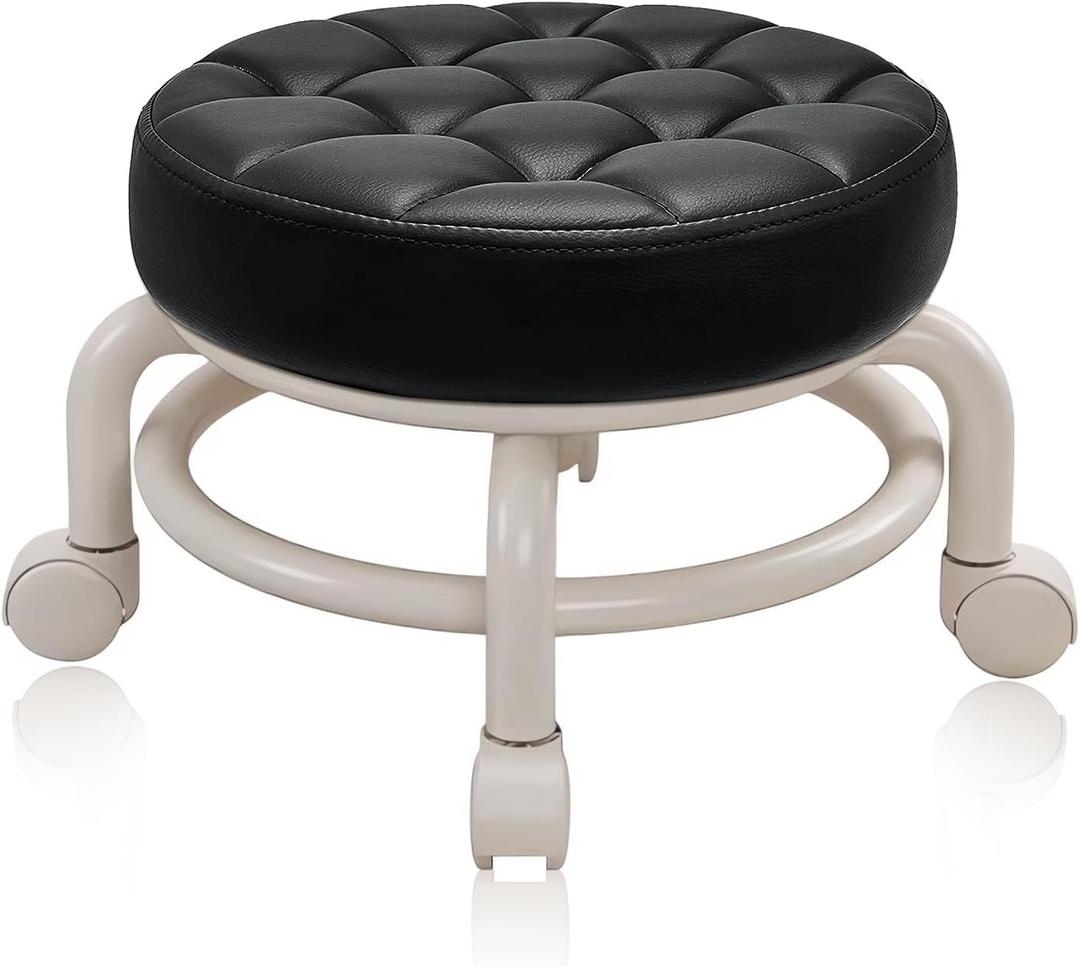 Round Rolling Low Stool- PU Leather Low Stool 360 More Comfortable Swivel with Thickened Sponge Cushion for Nail Salon, Pedicure, SPA and Home (Black)