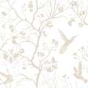 FunStick Vintage Beige White Floral Wallpaper Peel and Stick Cottage Farmhouse Bird Wallpaper White Floral Contact Paper for Cabinets Removable Renter Friendly Wall Paper for Bathroom Walls Waterproof (17.5" x 118")