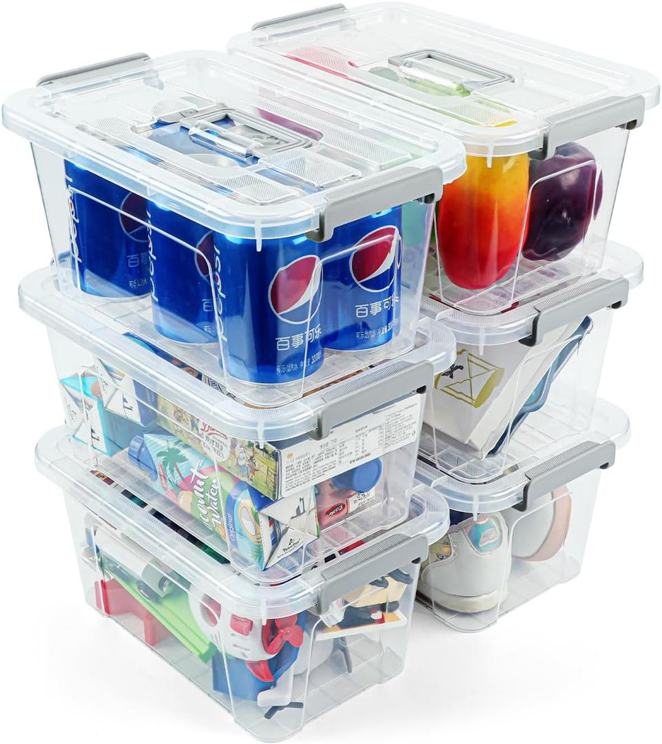 AREYZIN Plastic Storage Bins With Lids,6 Pack Storage Organizer Bins,7 Quart Stackable Storage Basket with Lid and Gray Handle Buckle Easy for Home Office Organization,with Clear Lids