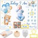 Bear Baby Monthly Milestone Blanket Bear Star Balloon Flannel Blanket Newborn Infant Swaddle Baby Growth Blanket Photography Background with Wooden Signs,Frames,Bibs