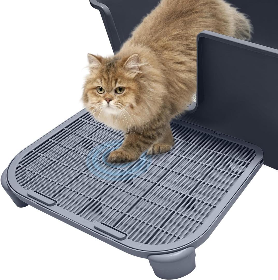 Elevated Litter Box Ramp/Steps for Kittens & Old Cats, 19.7"x15.8"x3.6",Washable Litter Catcher Stairs for Automatic Litter Box,XL Double Layer Cat Litter Mat with Filter,Easy to Clean(Grey)