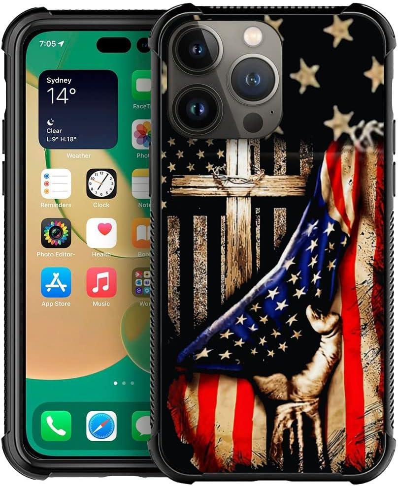 DAIZAG Compatible with iPhone 14 Plus Case,All-Round Protection Shockproof Anti-Scratches TPU Cover,Cases for Man Woman-Wooden Cross Power American Flag