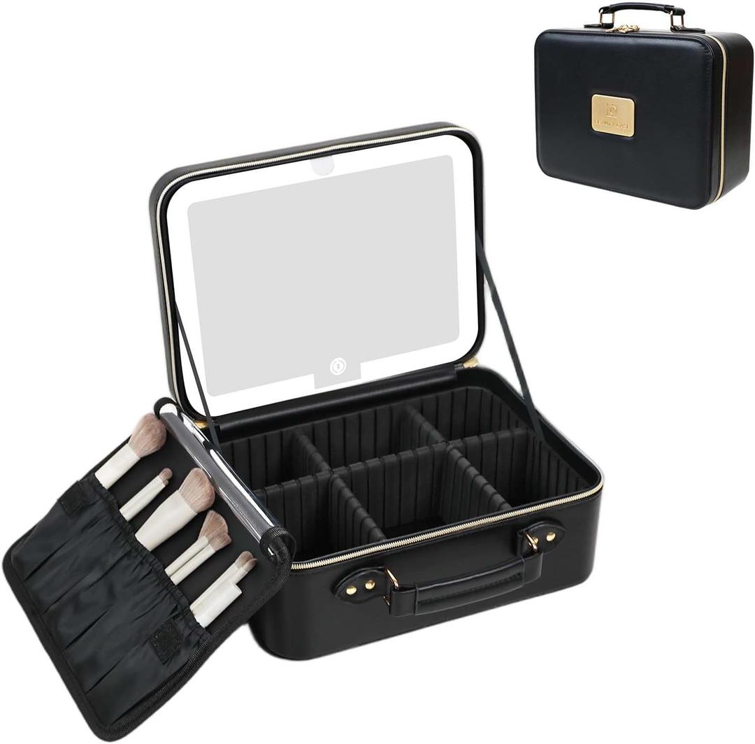 Prite Makeup Bag With LED Mirror 3 Light Modes Adjustable Brightness, Travel Cosmetic Train Case with Adjustable Dividers & Brush Holder, Portable Makeup Artist Organizer Bag for Women(Black)