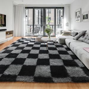 KICMOR 6x9 Area Rugs for Living Room, Large Fluffy Soft Black and Grey Checkered Big Fuzzy Shag Shaggy Bedroom Carpet, Indoor Plush Rug for Kids Boys Girls Room Dorm Nursery Home Decor Aesthetic