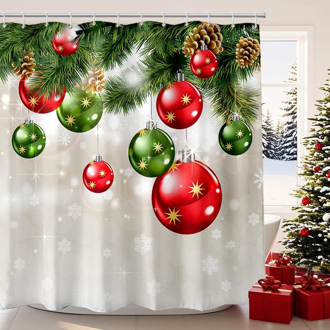 BROSHAN Bathroom Christmas Shower Curtain, Fabric Christmas Shower Curtain Set Green and Red Ornament Pattern, Xmas Holiday Bathroom Decor, Waterproof, Washable, 71"W x 71"L (Pack of 1)