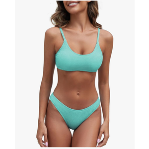 Fanuerg Women's Ribbed Bikini Sets Scoop Neck Cheeky Swimsuit Textured Two Piece Bathing Suit Mint Blue size L 