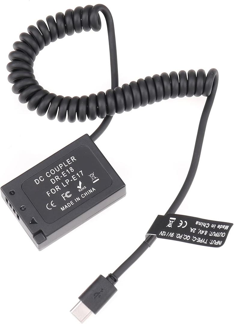 FocusFoto USB-C Type-C to Full Decoded LP-E17 Dummy Battery DR-E18 Coupler Power Adapte Spring Cable for Canon EOS R8 R10 RP 77D 200D Mark II 250D 750D 760D 800D 850DRebel T6i T6s T7i T8i SL2 Camera
